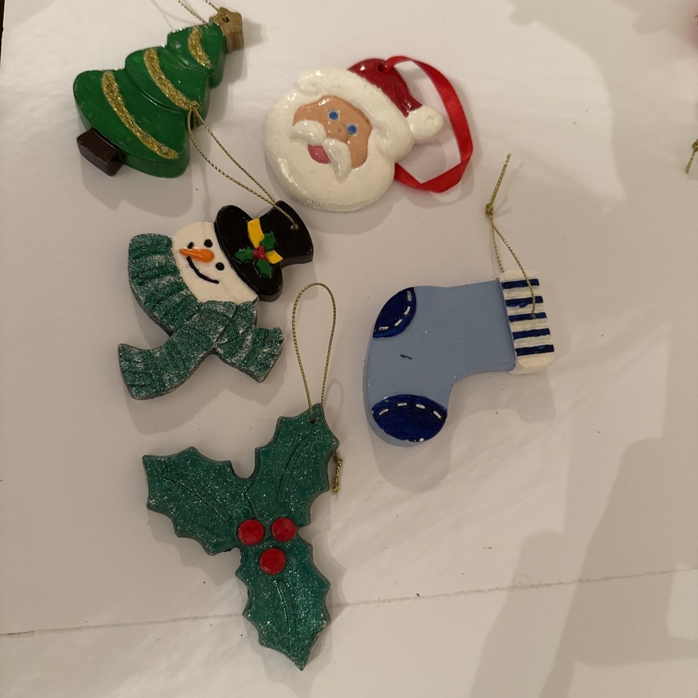 Handmade Christmas Ornament Set of 5 Santa Snowman Tree Holly Stocking Decor